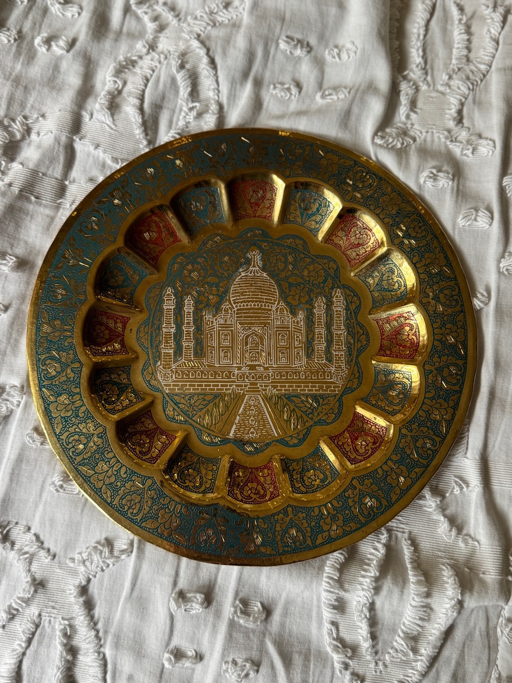 Handcrafted Gold and Teal Decorative Plate with Taj Mahal Motif